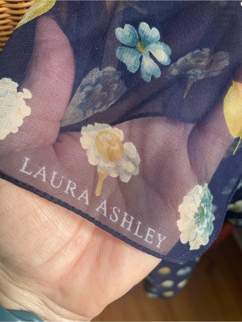 Vintage Laura Ashley Silk Chiffon Sheer Scarf Neckerchief Navy Floral